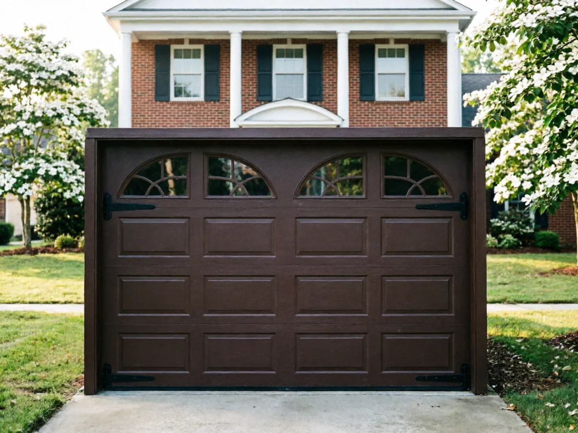 A brown garage door with decorative windows and hardware stands in front of a brick house.