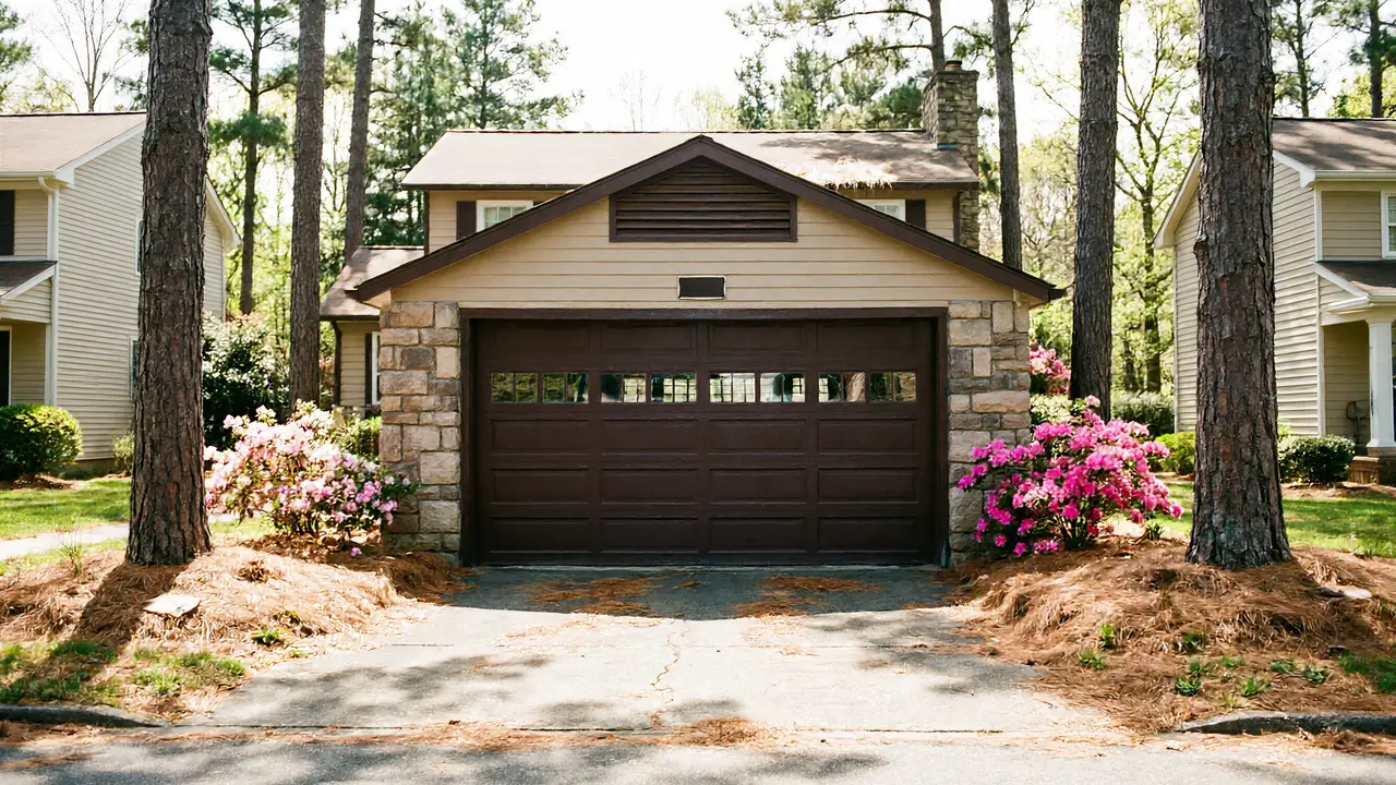 A brown garage door with windows is set in a stone and tan house.